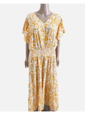 CHICO'S Flutter Sleeve Maxi Dress Yellow Size 3 (18-20) Excellent